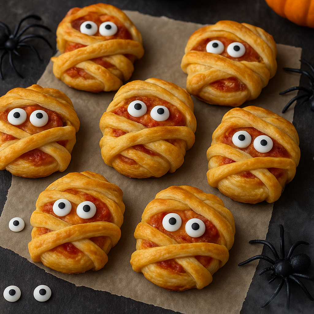 🎃 Spooky Mummy Pizza Rolls (Halloween Recipe Using Parchment Paper)